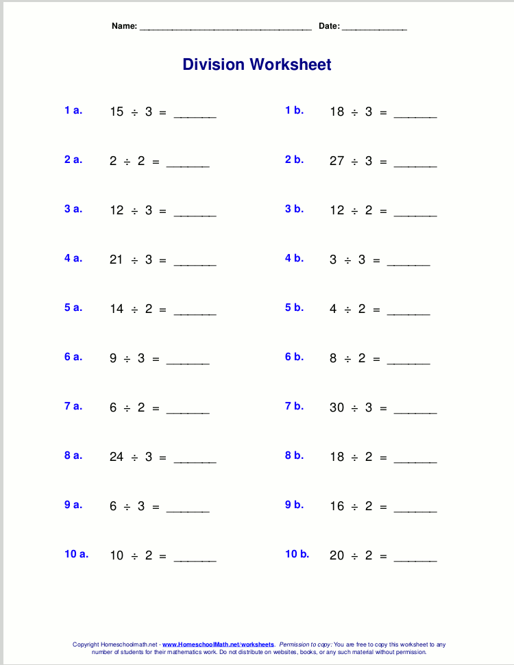 Worksheets for basic division facts (grades 3-4)