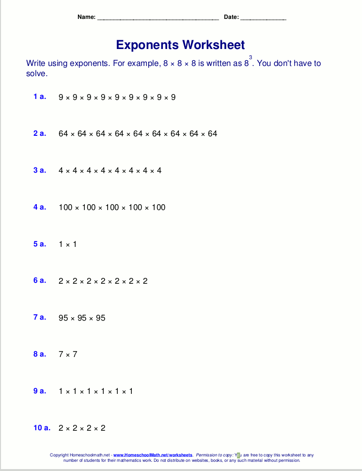 Free exponents worksheets