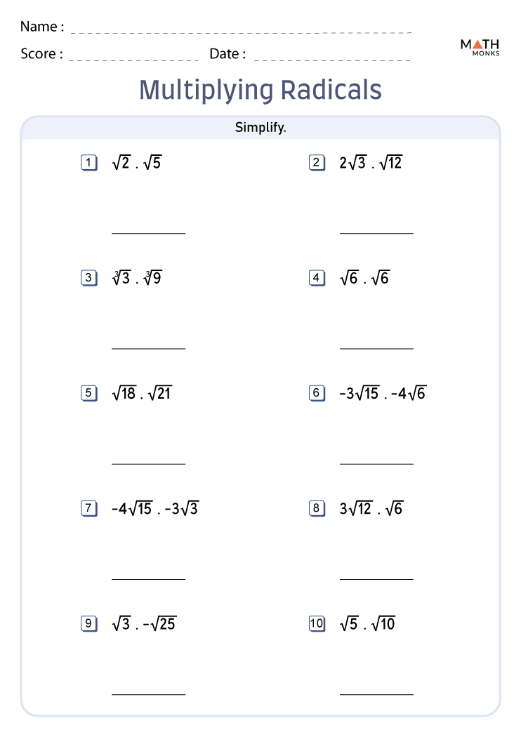 Multiplying Radicals Worksheets - Math Monks