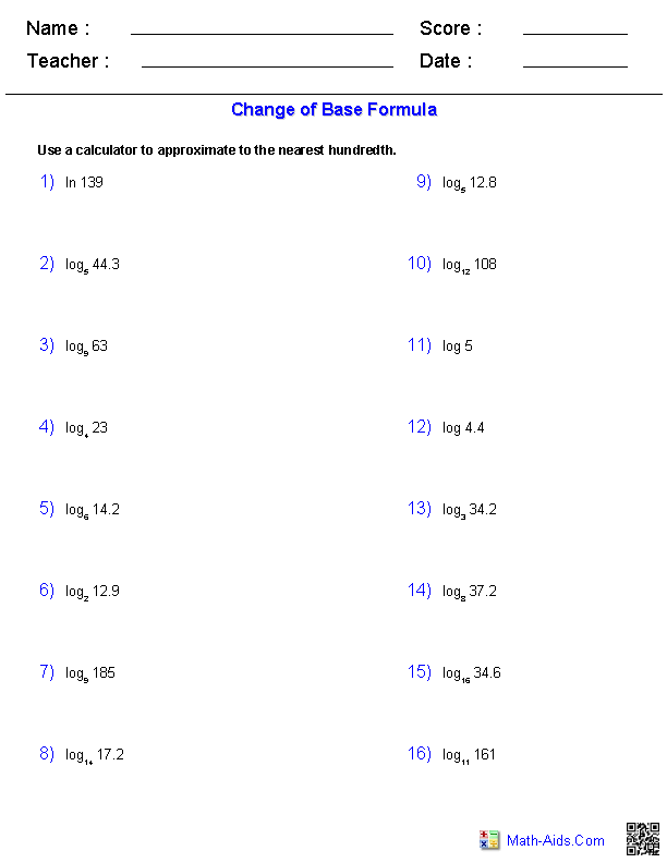 Algebra 2 Worksheets | Exponential and Logarithmic Functions ...