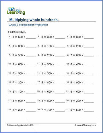 Grade 3 Multiplication Worksheets: Multiplying whole hundreds | Worsheets library...