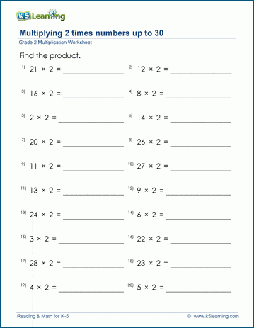 Grade 2 Multiplication Worksheets - 2 times numbers up to 30 | Worsheets library...