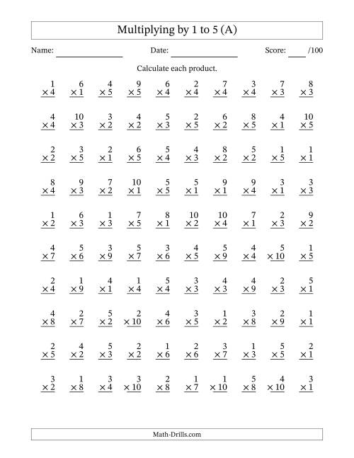Multiplying (1 to 10) by 1 to 5 (100 Questions) (A)