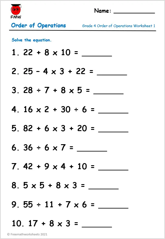 Order of Operation Worksheets | Grade 4 | Free Worksheets | Printables