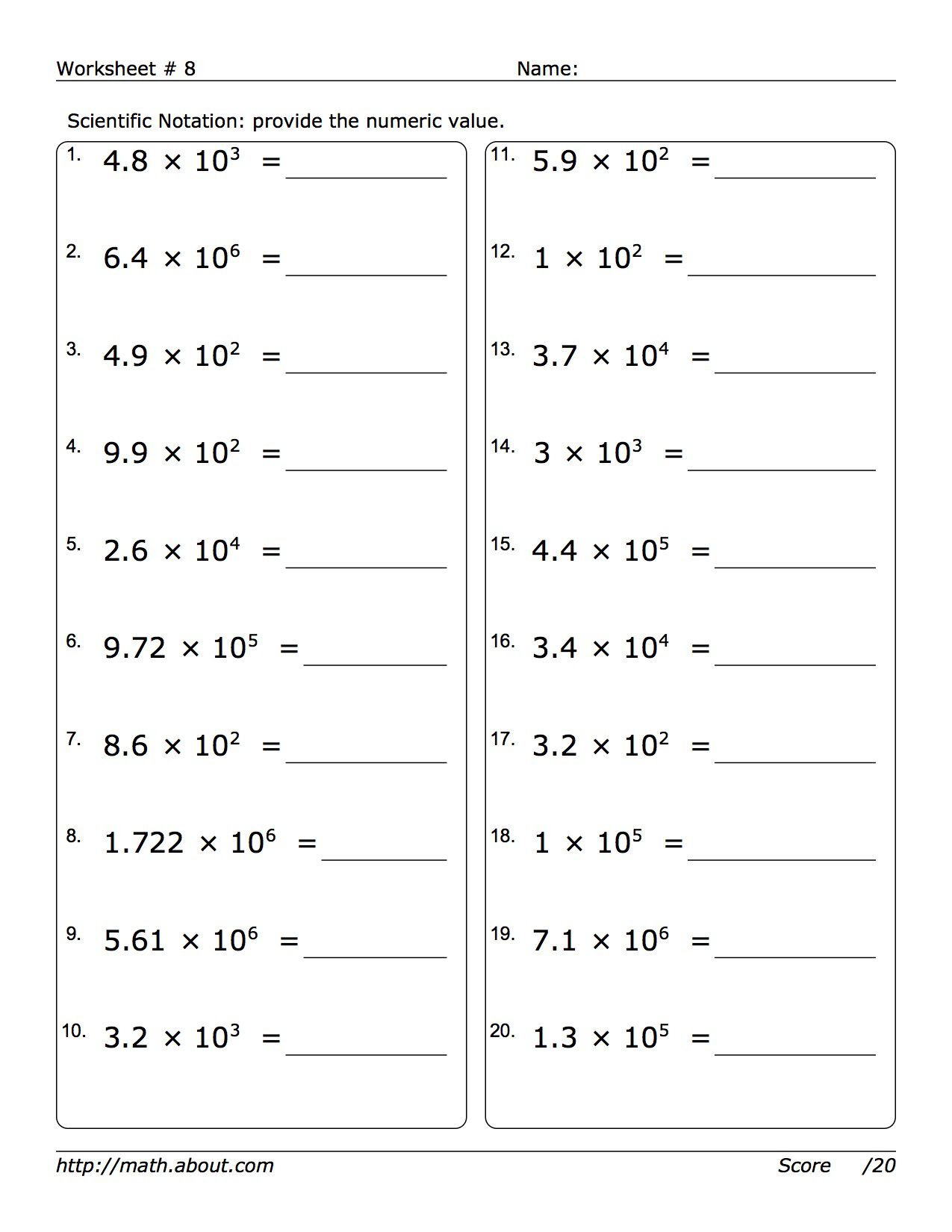 Pre-Algebra Worksheets: Powers of 10