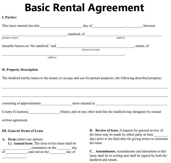 Free Printable Basic Rental Agreement - Business Template