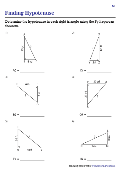 Finding the Hypotenuse Worksheets