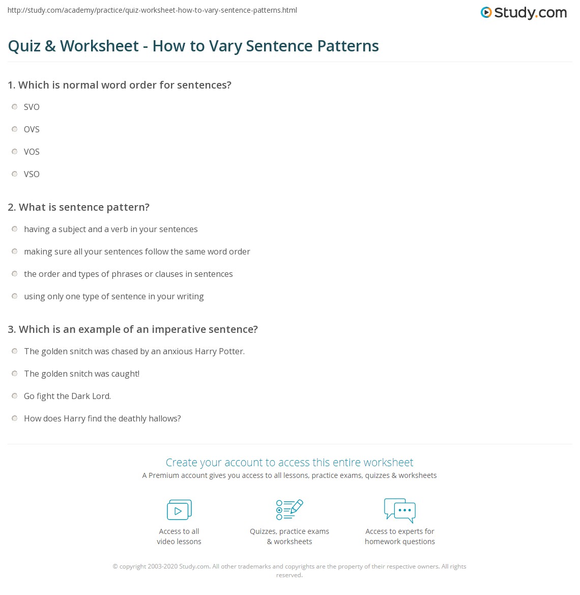Quiz &  Worksheet - How to Vary Sentence Patterns | Study.com