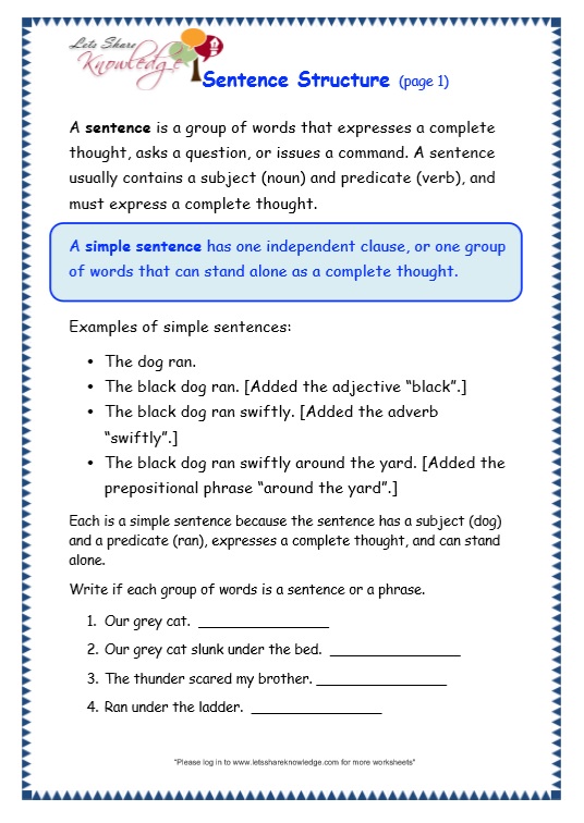 basic sentence pattern worksheet with answers