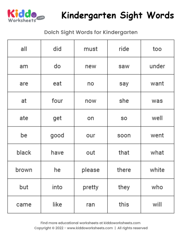 Free Printable Sight Words Kindergarten Worksheet - kiddoworksheets