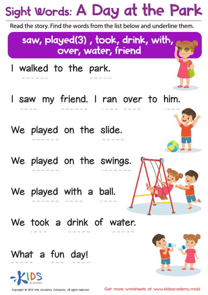 Sight Words: A Day at the Park Worksheet for kids