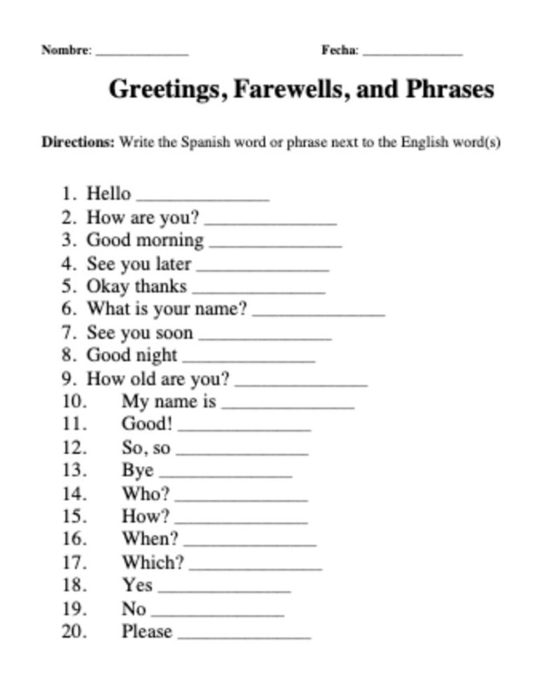 Spanish Introductory Words Phrases Vocabulary Worksheets Pages ...