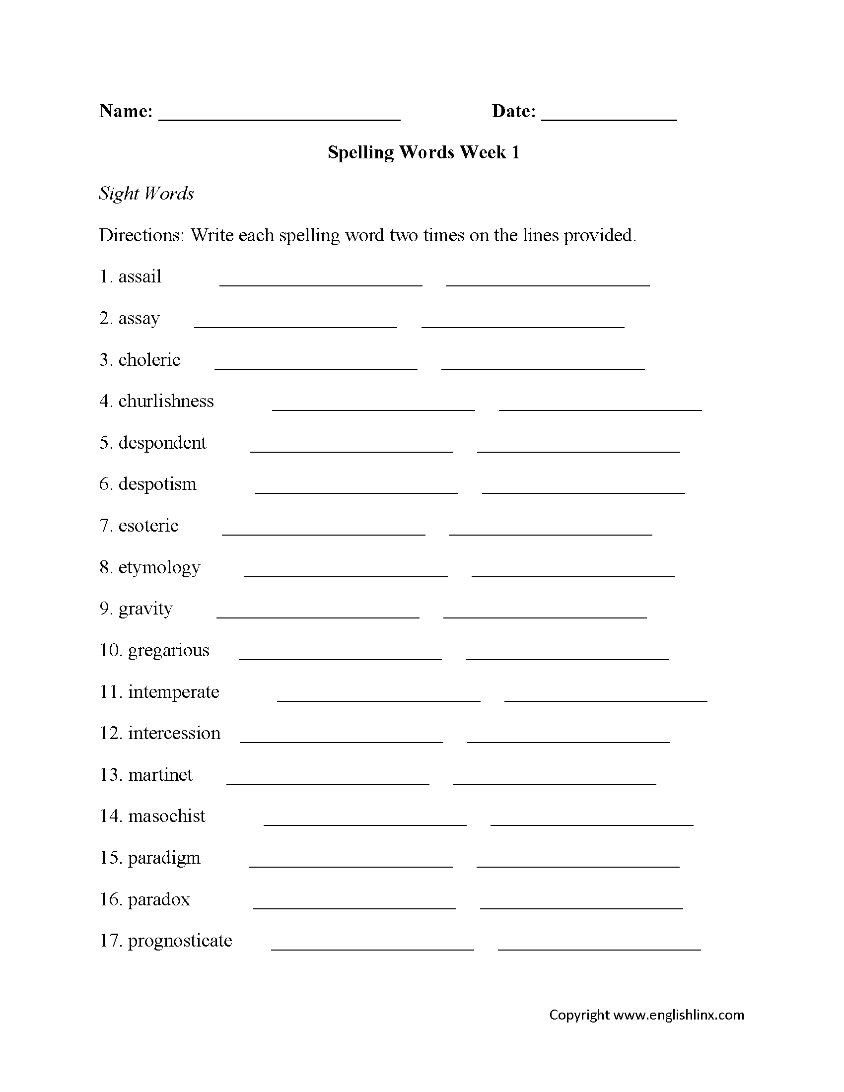 Spelling Worksheets | High School Spelling Worksheets