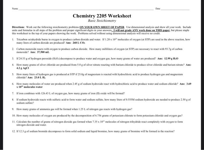 Solved Name Date Chemistry 2205 Worksheet Basic | Chegg.com