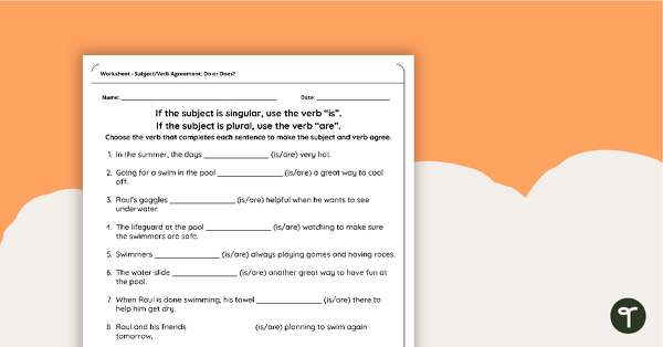 Is/Are Subject Verb Agreement Worksheet | Teach Starter