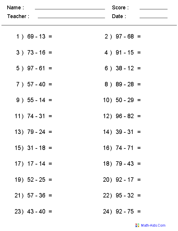Subtraction Worksheets | Dynamically Created Subtraction Worksheets