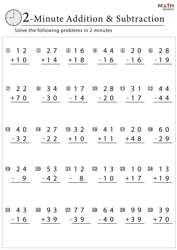 Addition and Subtraction Worksheets with Answer Key
