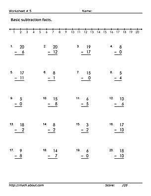 Basic Subtraction Fact Worksheets (With a Number Line)