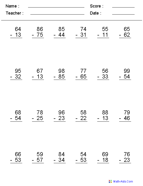 Subtraction Worksheets | Dynamically Created Subtraction Worksheets