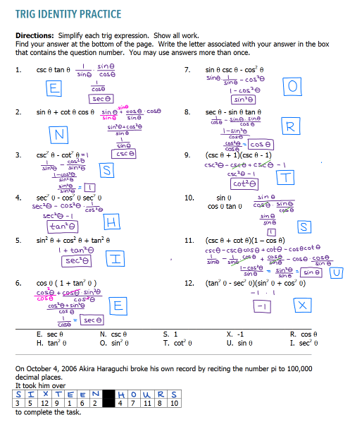 Trig Identities Challenge Activity Math Love Worksheets Library