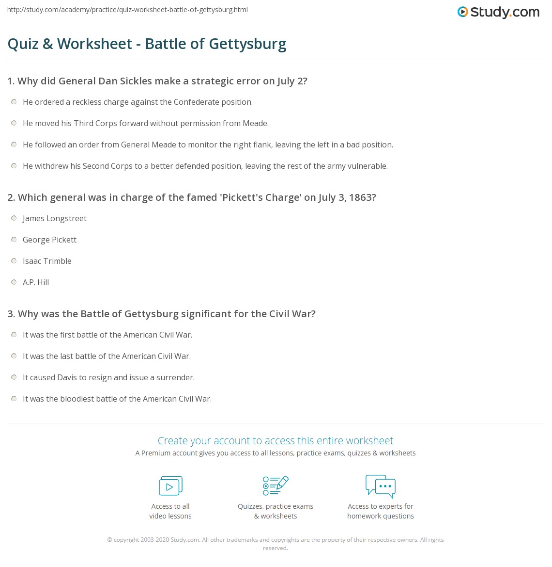 battle of gettysburg worksheet