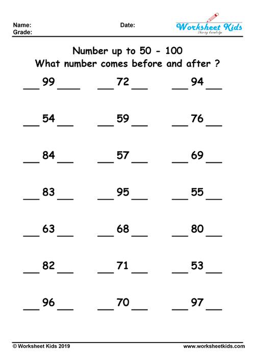 What number comes before and after ? 1 to 20, 100, 500, 1000