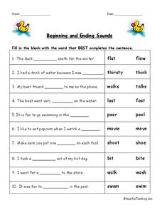Beginning and Ending Sounds Worksheet for 1st - 2nd Grade | Lesson ...