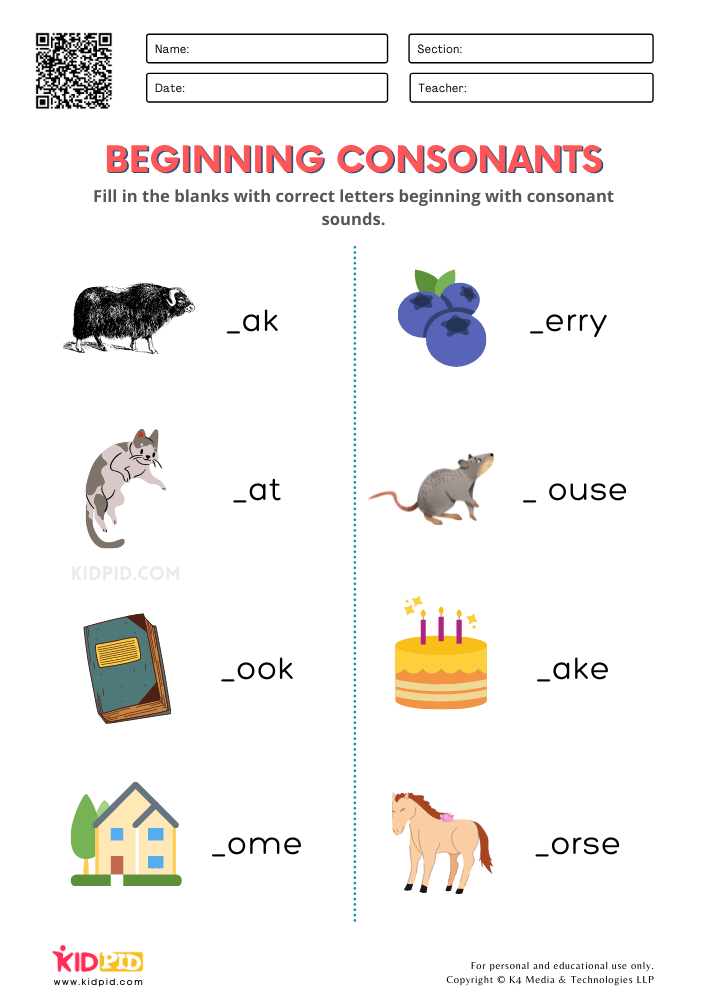 Beginning Consonants Free Printable Worksheets for Kindergarten ...