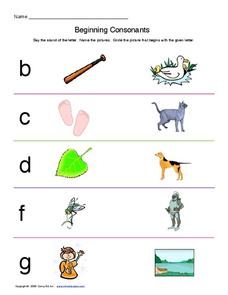 Beginning Consonants 2 Worksheet for Pre-K - 1st Grade | Lesson Planet