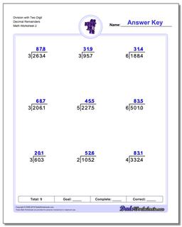 Long Division Worksheets: Division with Decimal Results