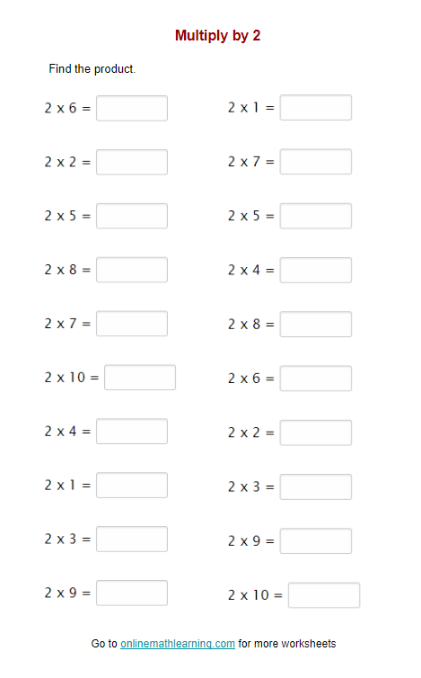 Multiply by 2 Worksheet (printable, online, answers)