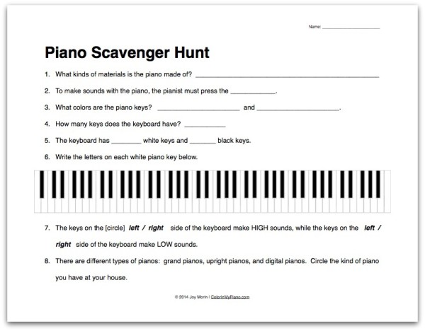 Worksheet: About the Piano Scavenger Hunt - Color In My Piano