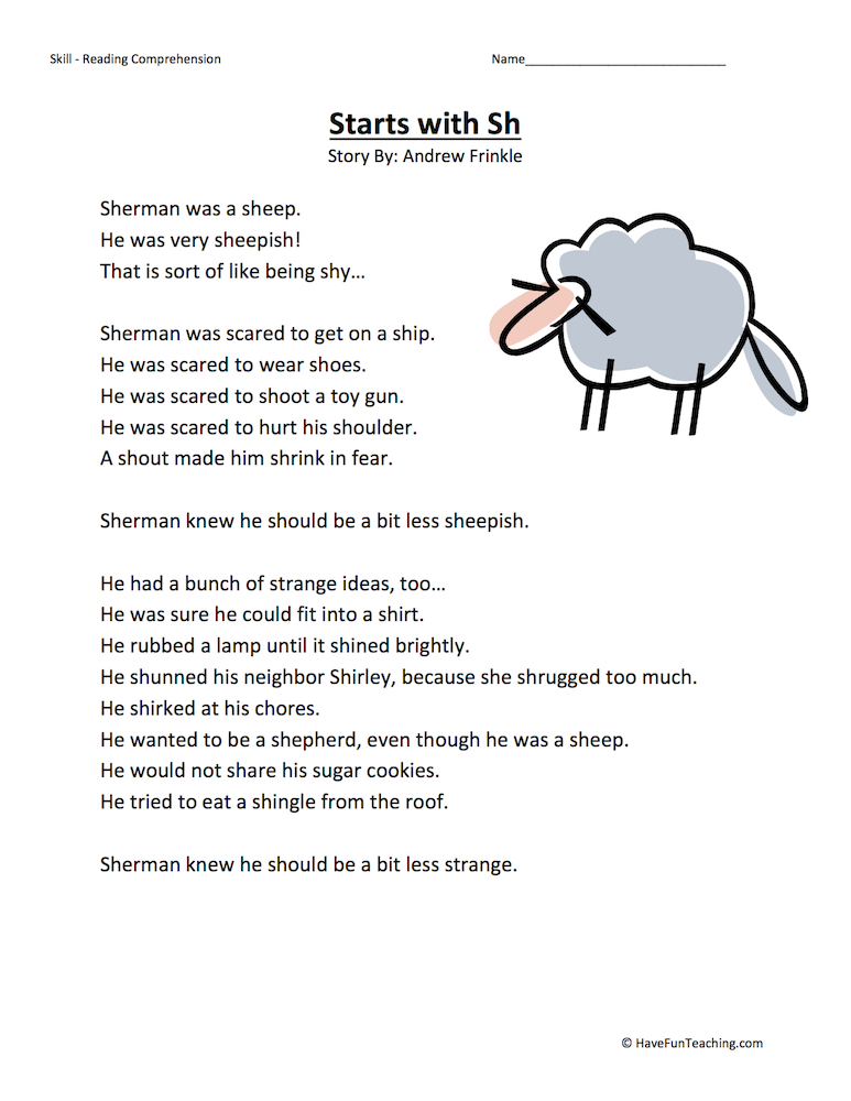Starts With SH Reading Comprehension Worksheet  