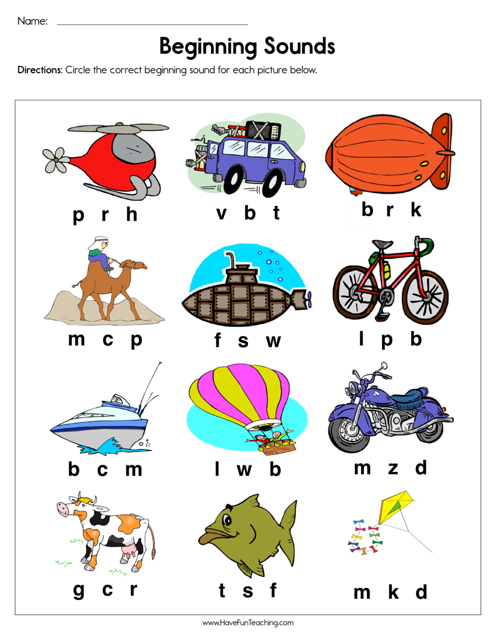 Beginning Sounds Worksheet  