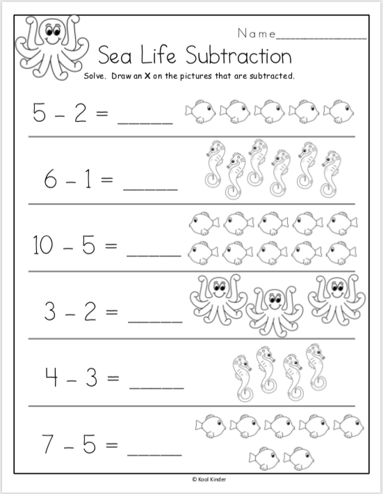 Free Sea Life Subtraction Worksheets for Kindergarten | Made By ...