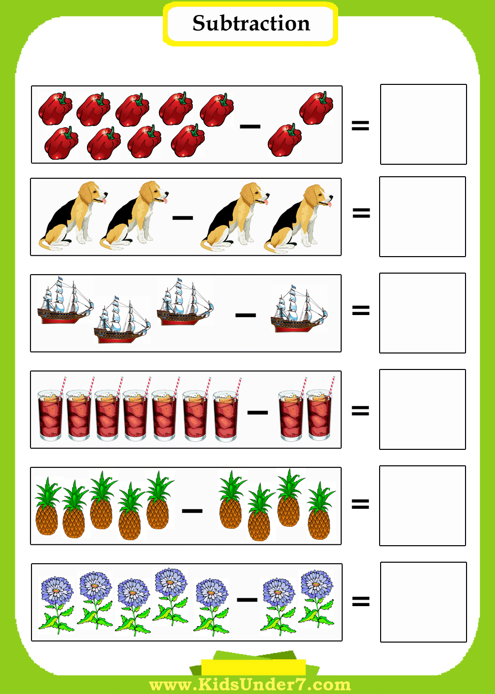 Kids Under 7: Subtraction Worksheets
