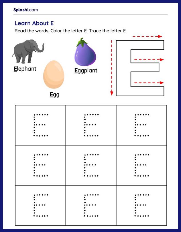 Letter E Tracing Worksheets for Kids Online - SplashLearn
