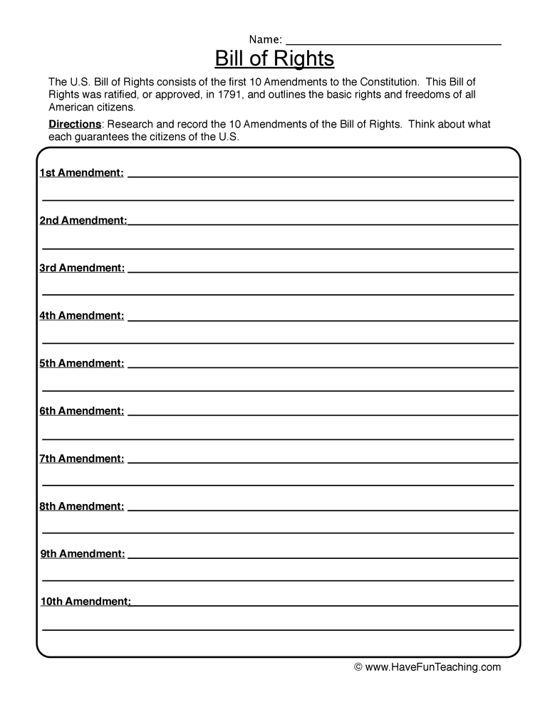 bill of rights worksheet high school