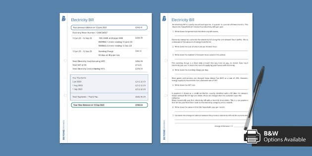 Electricity Bill Worksheet (teacher made) - Twinkl