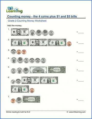 Grade 2 counting money Worksheets - coins plus $1 and $5 bills ...