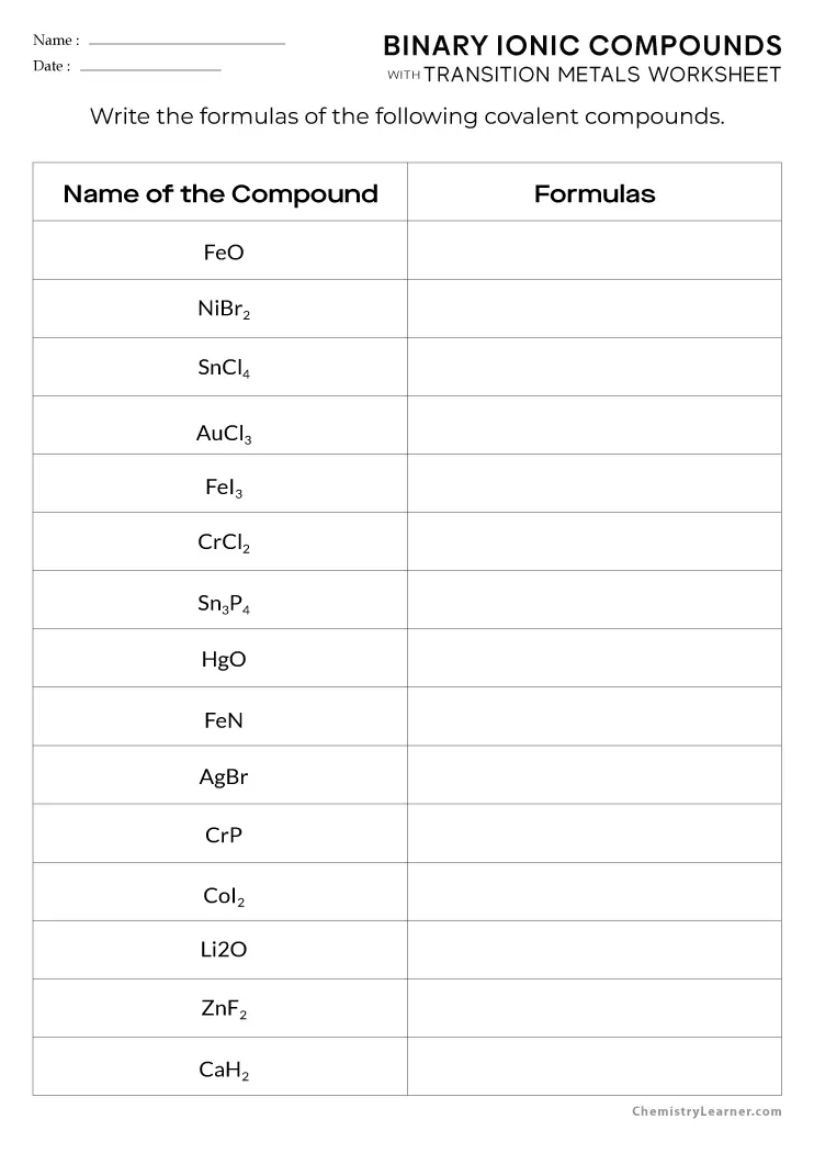 Free Printable Binary Ionic Compounds Worksheets