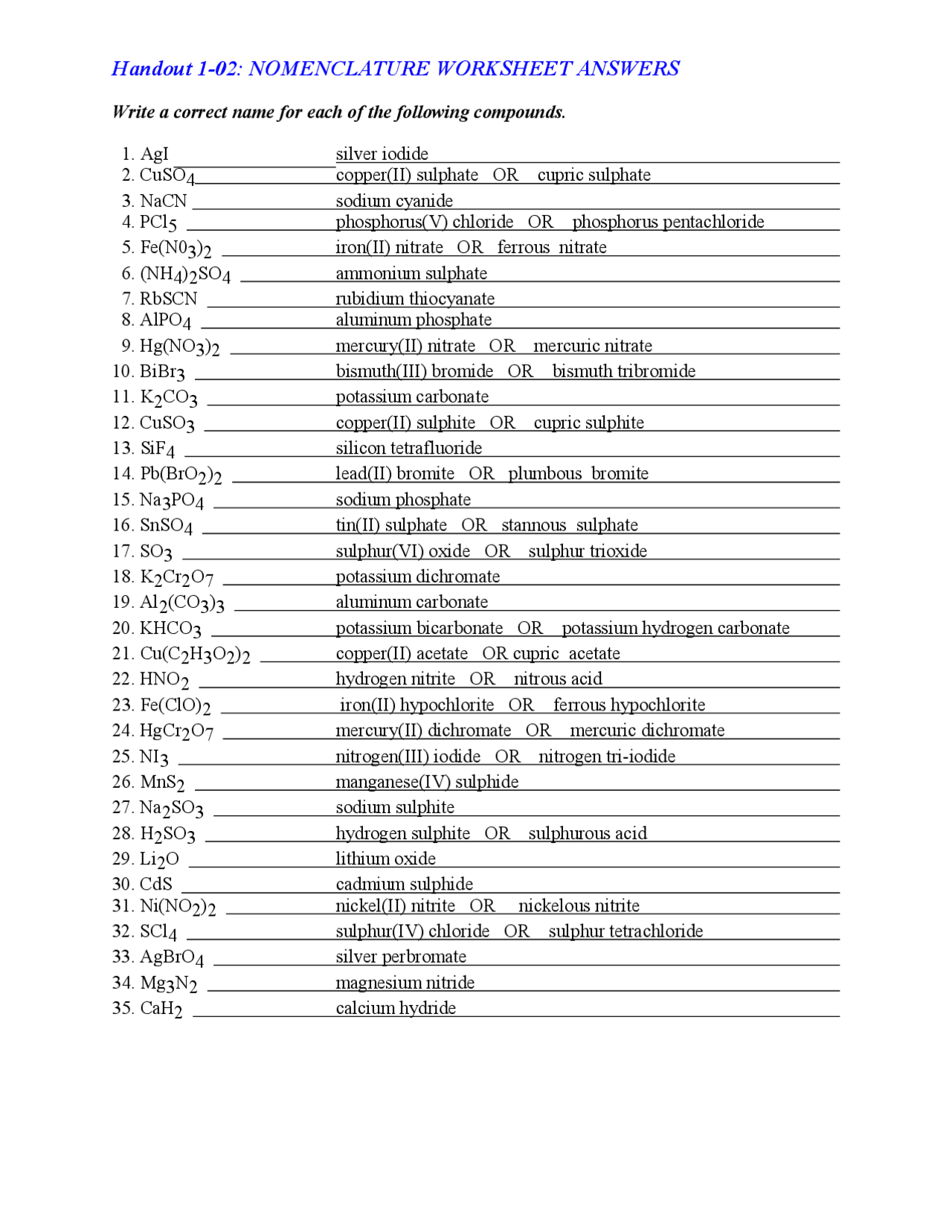 Handout 1-02: NOMENCLATURE WORKSHEET ANSWERS | Lecture notes ...