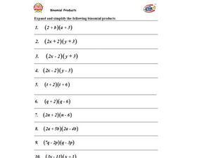 Binomial Products Worksheet for 6th - 8th Grade | Lesson Planet