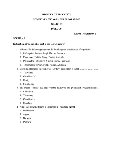 Grade 10 - Worksheets - Biology