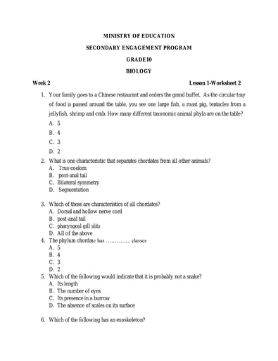 Grade 10 Biology Week 2 Lesson 1 Worksheet 2 and solutions
