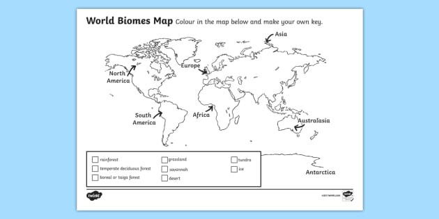 World Biomes Map Colouring Worksheet (teacher made) - Twinkl
