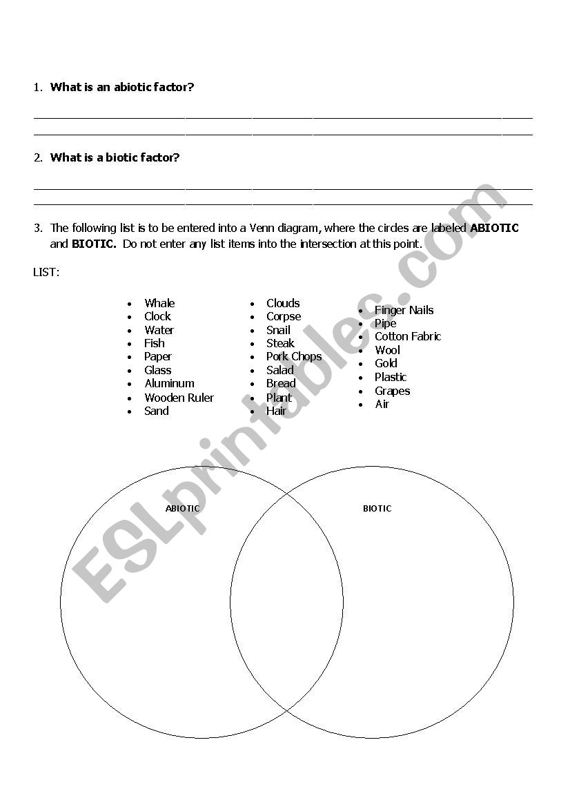 Biotic and abiotic factors - ESL worksheet by anamago33
