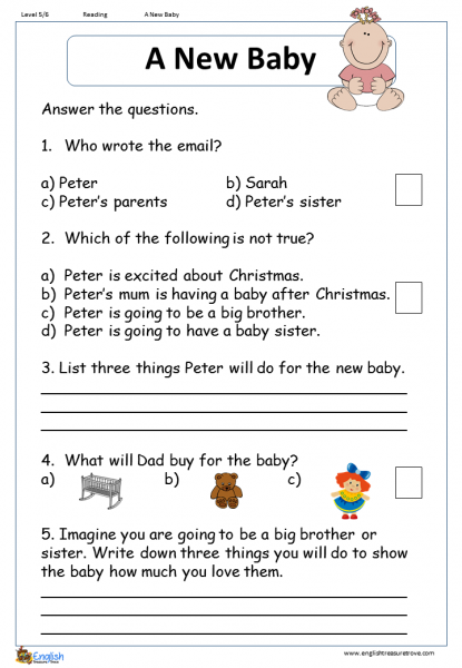A New Baby English Comprehension Worksheet - English Treasure Trove
