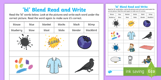 Blend Read and Write Worksheet | bl Phonics Words 