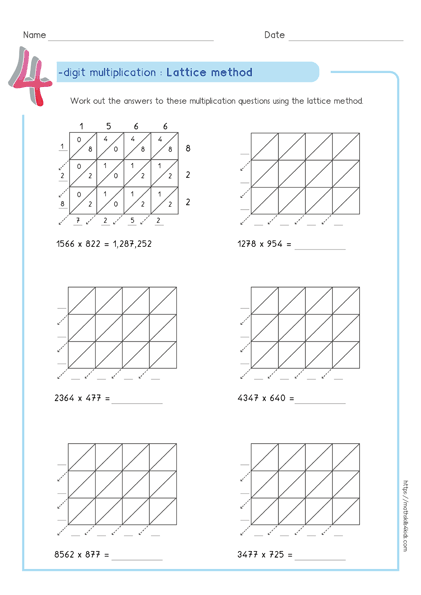 Lattice multiplication worksheets PDF | Printable multiplication tests